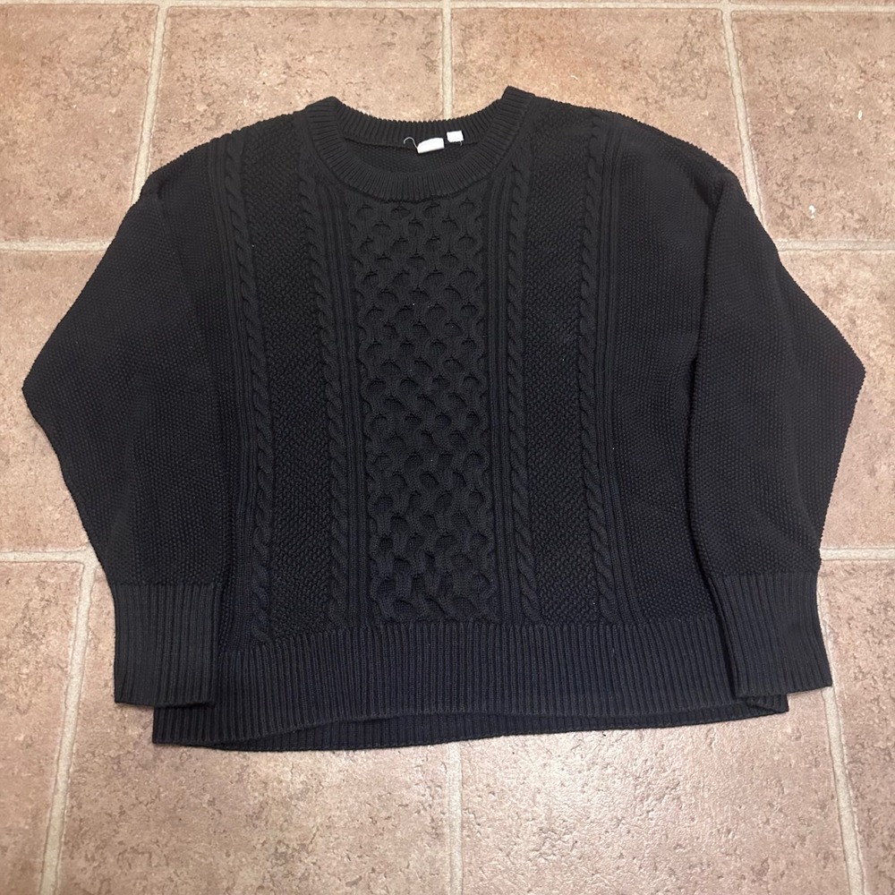 Gap Cable Knit Sweater Womens XL Black Excellent Crewneck Long Sleeve Honeycomb